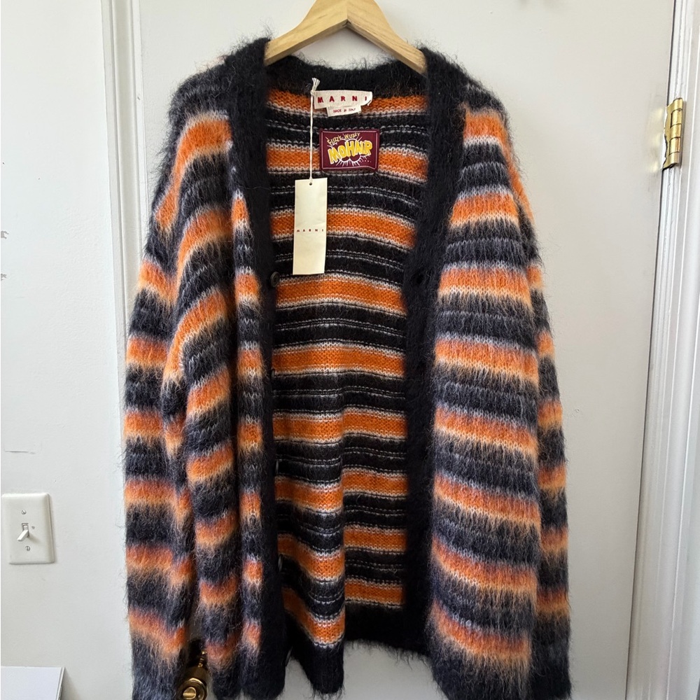 Marni Mohair Cardigan with Black, Orange, and Cream Stripes